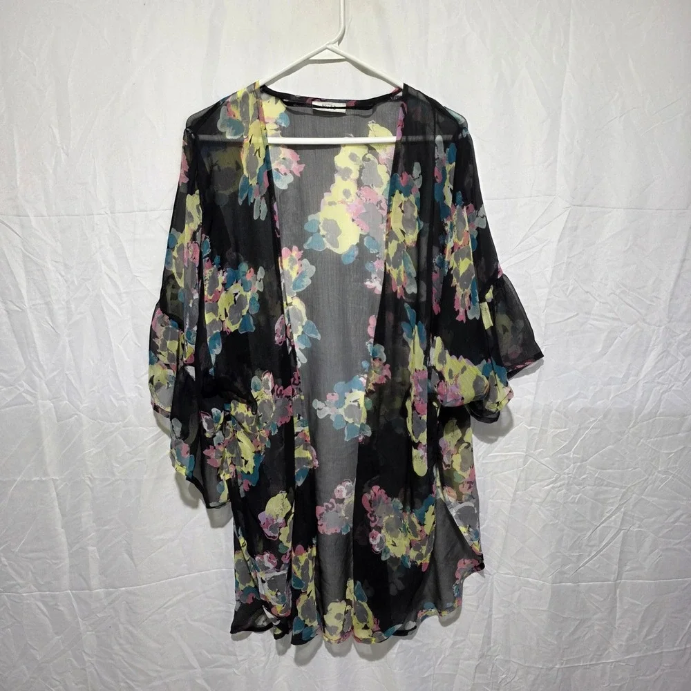 Mudd Floral Kimono Wrap Sheer Chiffon Ruffle Sleeve Black Multi Color Boho Layer